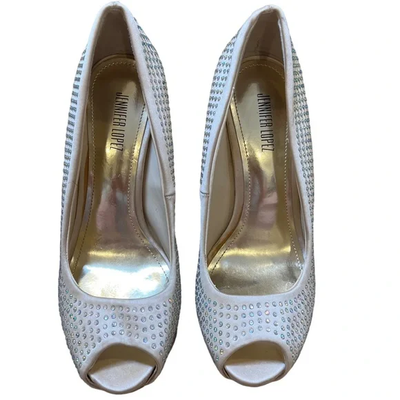 JLO Jennifer Lopez Blingy Blush 6 M Rhinestone Heels~ Dress Shoes Peep Toe - Picture 2 of 13